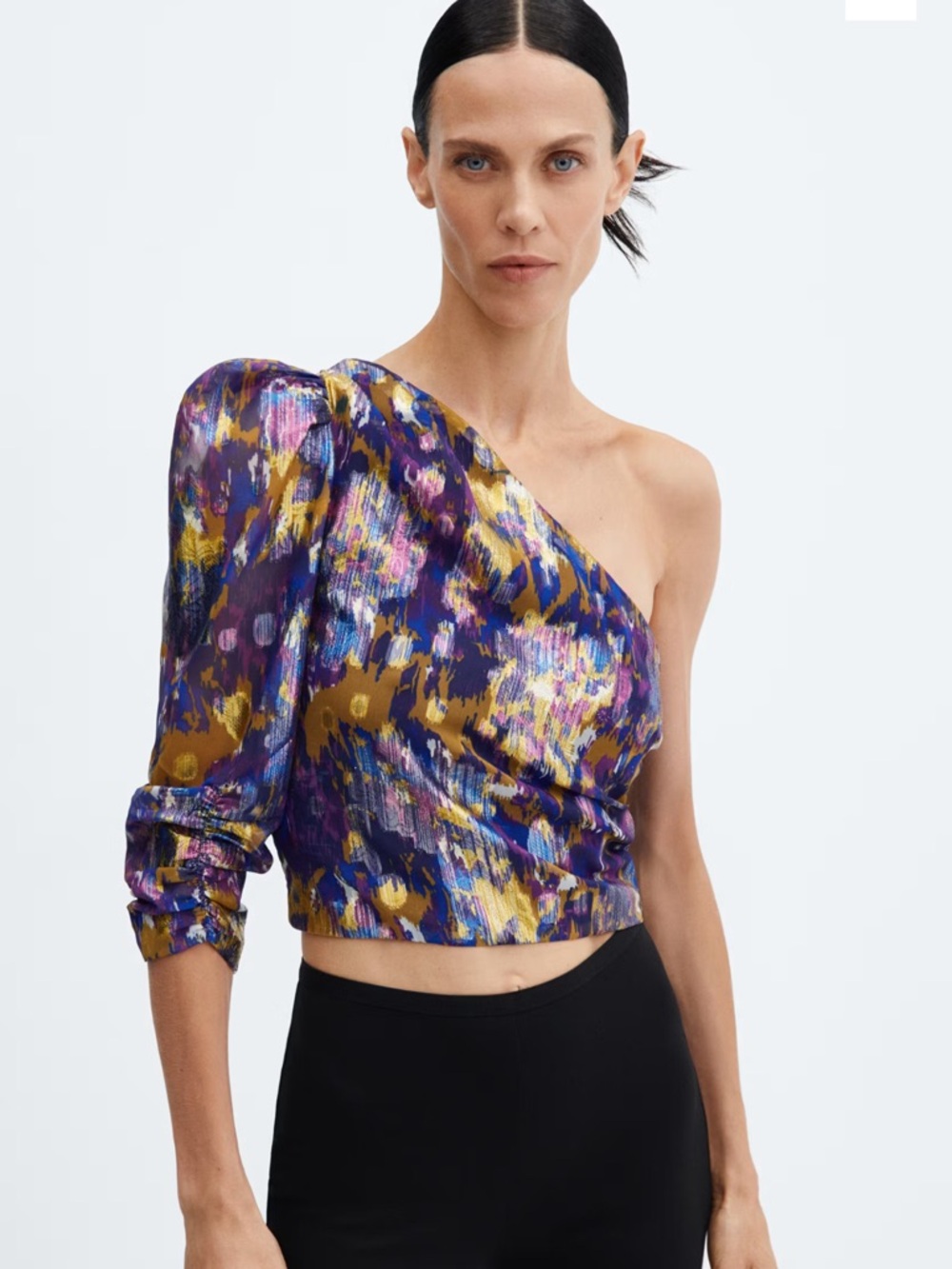 NWT MANGO One-Shoulder Metallic Abstract Print Crop Top - Purple/Gold